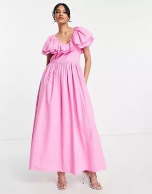 Vila maxi dress with frill detail in pink | ASOS (Global)