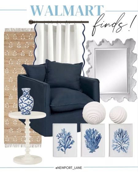 Walmart coastal decor finds! Featuring Coastal home decor, navy blue upholstered chair, jute runner, scalloped curtains, white mirror, coastal mirror, side table, martini table, bookshelf styling, blue and white decor 
6/16

#LTKHome #LTKStyleTip