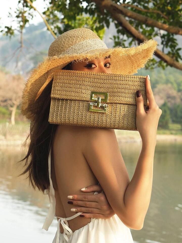 Metal Lock Flap Straw Bag Khaki Fashionable, Perfect For Summer Beach Travel Vacation | SHEIN