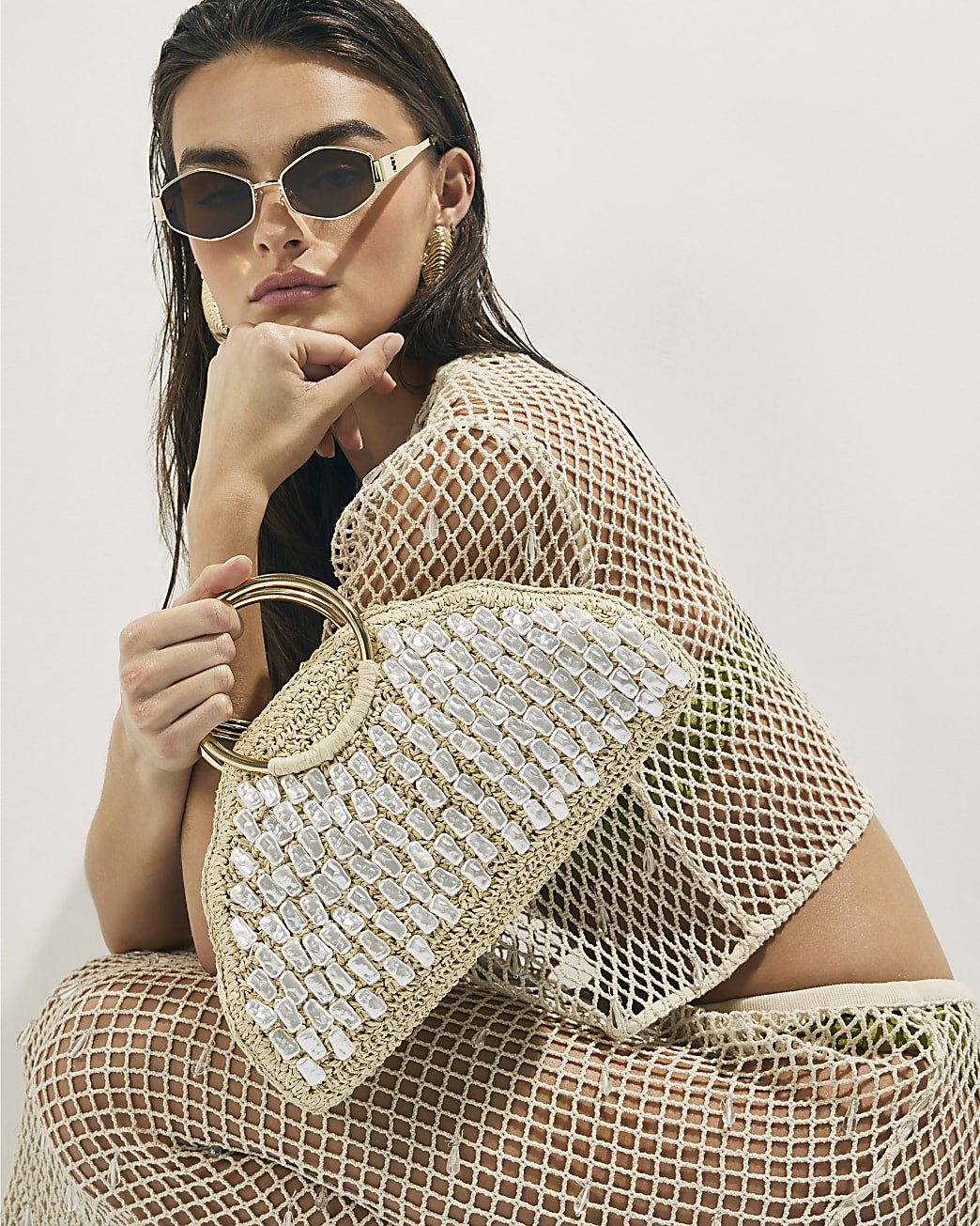 Cream Pearl Raffia Handle Grab Bag | River Island UK & IE