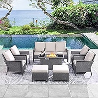 6 Pieces Outdoor Patio Rattan Furniture Set with 44" Gas Fire Pit Table, PE Wicker Rattan Convers... | Amazon (US)