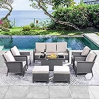 6 Pieces Outdoor Patio Rattan Furniture Set with 44" Gas Fire Pit Table, PE Wicker Rattan Convers... | Amazon (US)