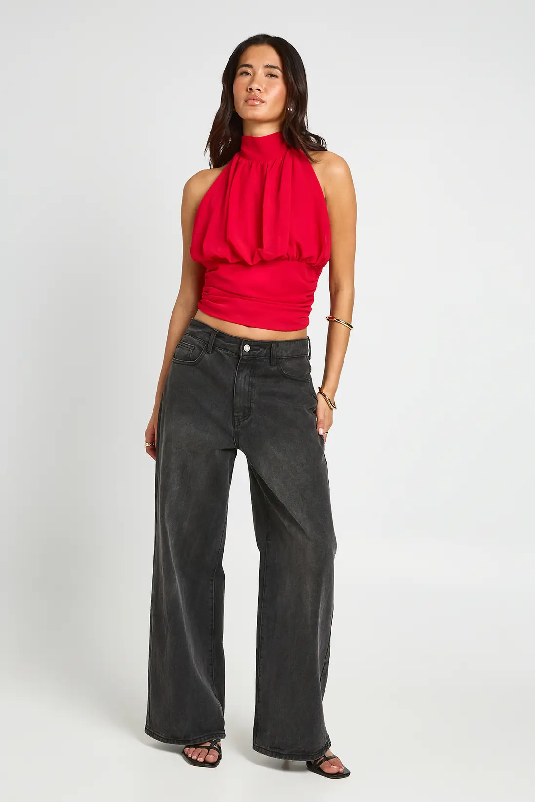 Red boohoo Chiffon Funnel Neck Balloon Top | PrettyLittleThing USA | PrettyLittleThing US