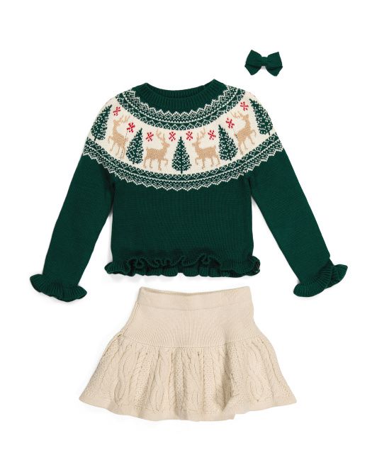 Girls Christmas Tree Sweater Skirt Set With Hair Clips | TJ Maxx