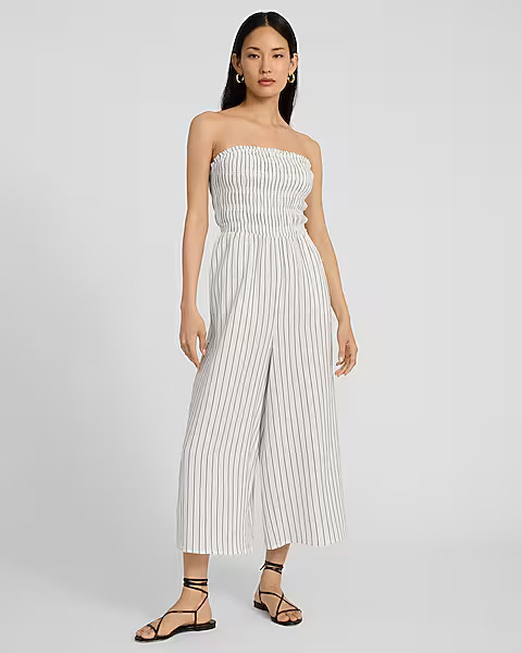 Striped Strapless Smocked Wide Leg Ankle Jumpsuit | Express