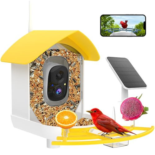 Smart Bird Feeder with Camera, Birds AI Identify, Motion Detection with Real-Time Notice, WiFi FHD Bird Camera, Auto Capture, Solar Powered Outdoor Charging Bird House, IP65 Waterproof,Yellow | Amazon (US)