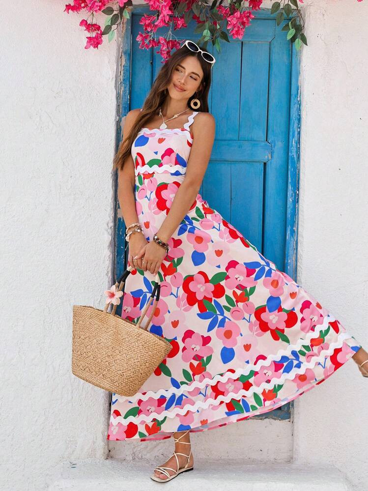 Vivid Eden Women's Colorful Floral Print Splice Wave Strap Long Dress, Vacation Style,Summer Dres... | SHEIN
