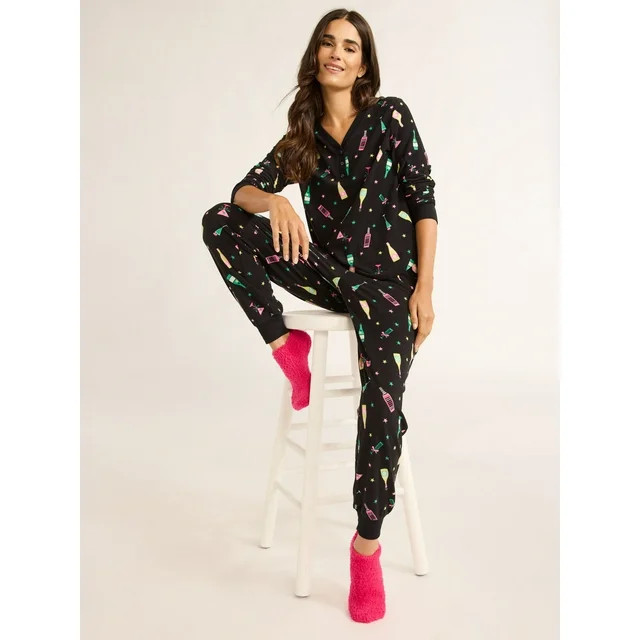 Joyspun Women's Velour Waffle Henley Sleep Top, Jogger Pants and Socks Pajama Set, 3-Piece, Sizes... | Walmart (US)