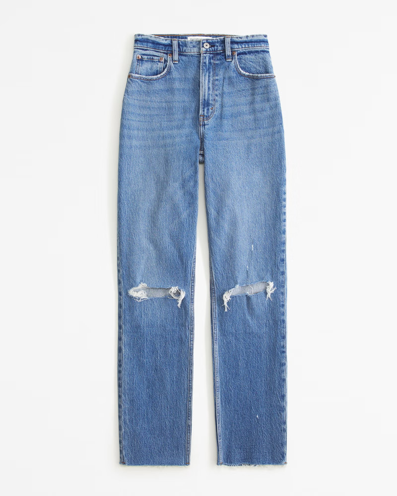 Abercrombie & Fitch Women's Ultra High Rise 90s Straight Jean in Medium Destroy - Size 34 LONG | Abercrombie & Fitch (US)