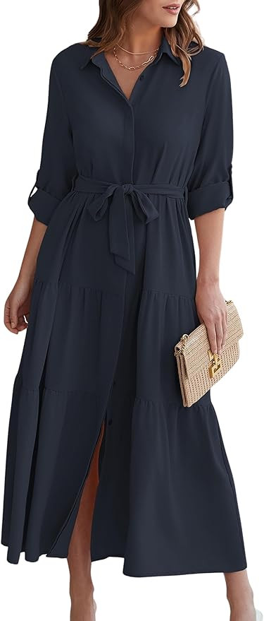 ECOWISH Women's Maxi Shirt Dress - 2026 Long Sleeve Button Casual Fall A-line Work Tiered Dresses... | Amazon (US)