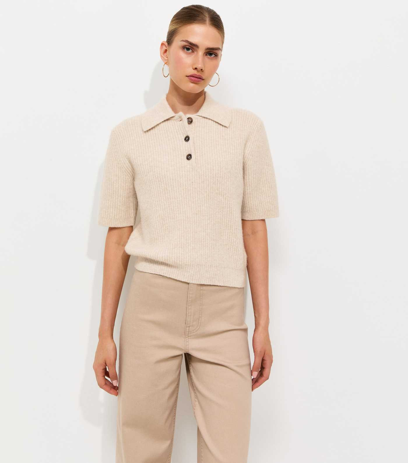 Oatmeal Ribbed Knit Short Sleeve Polo Top | New Look | New Look (UK)
