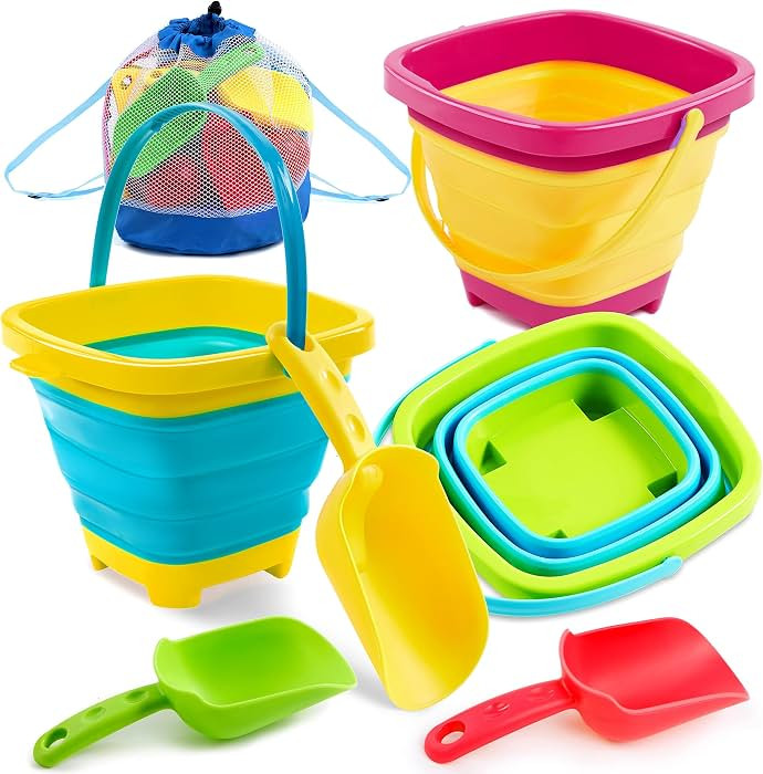 SLOOSH 3 PCS Foldable Buckets with 3 Shovels Sand Water Bucket Sandbox Square Party in Summer Fol... | Amazon (US)