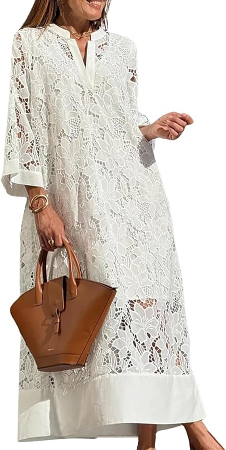 ebossy Womens Boho Summer Crochet Lace Maxi Dress 3/4 Sleeve V Neck Eyelet Embroidered Resort Par... | Amazon (US)