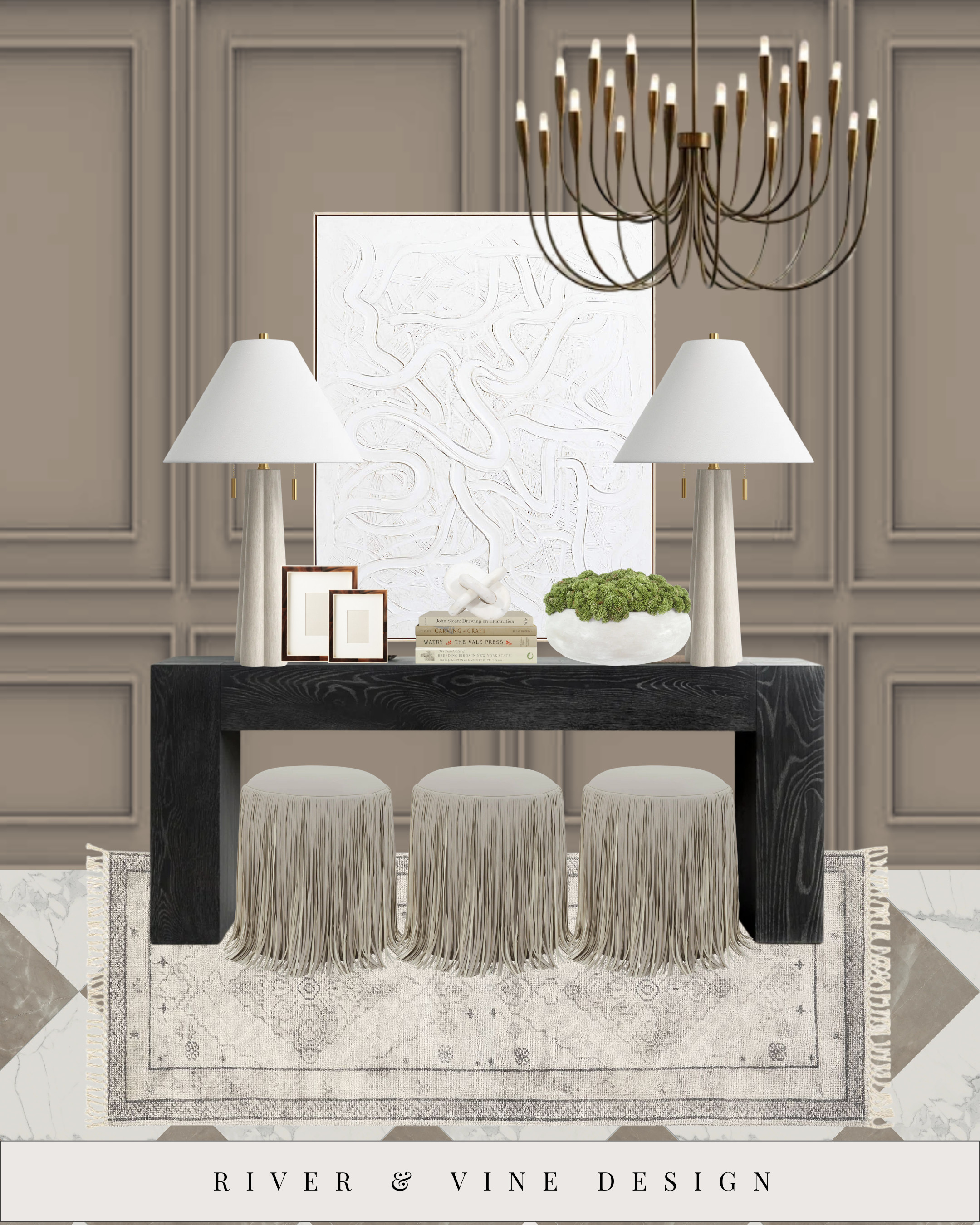 ✨ Elevated Entryway Edit ✨
Creating a space that feels elevated, warm, and doesn’t break the bank is not easy — but this one nails it.

This entryway moment focuses on that simple, calm energy you feel the second you walk in the door… while still telling a story.
The oversized lamps add height, the sculptural decor adds texture, and the fringe stools? They make it feel curated — not generic.

These are the pieces that make your home feel intentional, not accidental.

Tap to shop the exact products and recreate this look in your own space. 🤎

entryway console styling, chic home decor, organic modern design, designer look for less, River & Vine Design 

 #LTKHome