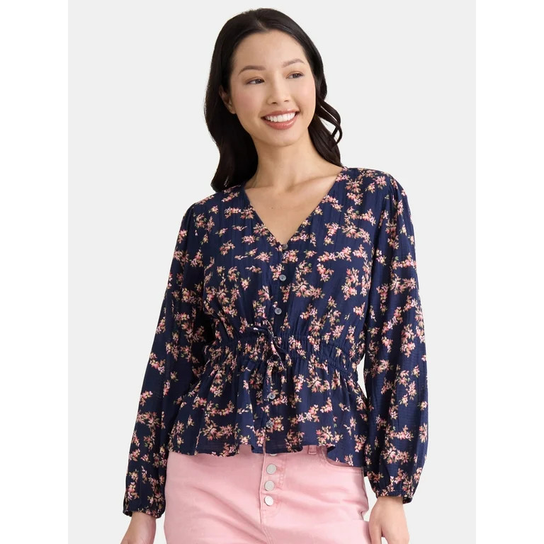 Time and Tru Women's Floral Print Tie Waist Blouse, Sizes S-XXXL | Walmart (US)