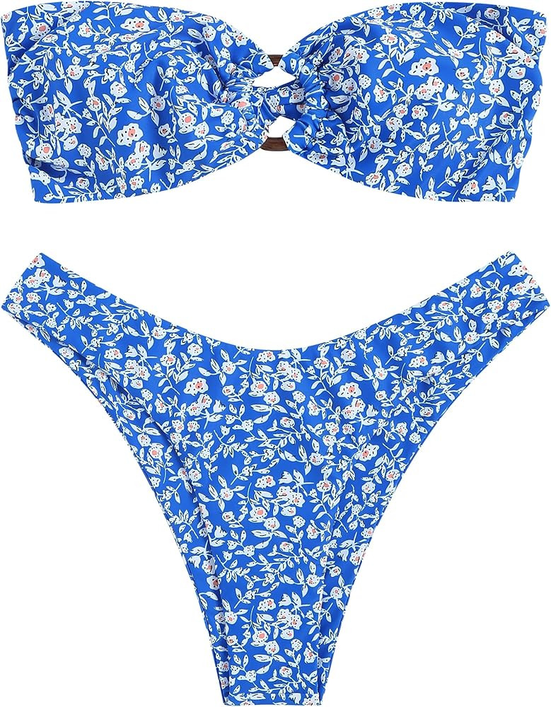 ZAFUL Women's Bandeau Bikini O Ring Strapless Tie Back High Cut Two Piece Swimsuit Bathing Suits | Amazon (US)
