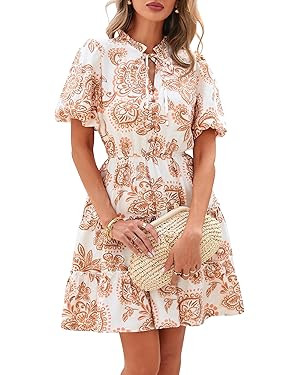 BTFBM Women Summer Floral Short Dresses V Neck Short Sleeve Tiered Ruffle Boho Swing Dress A-Line... | Amazon (US)