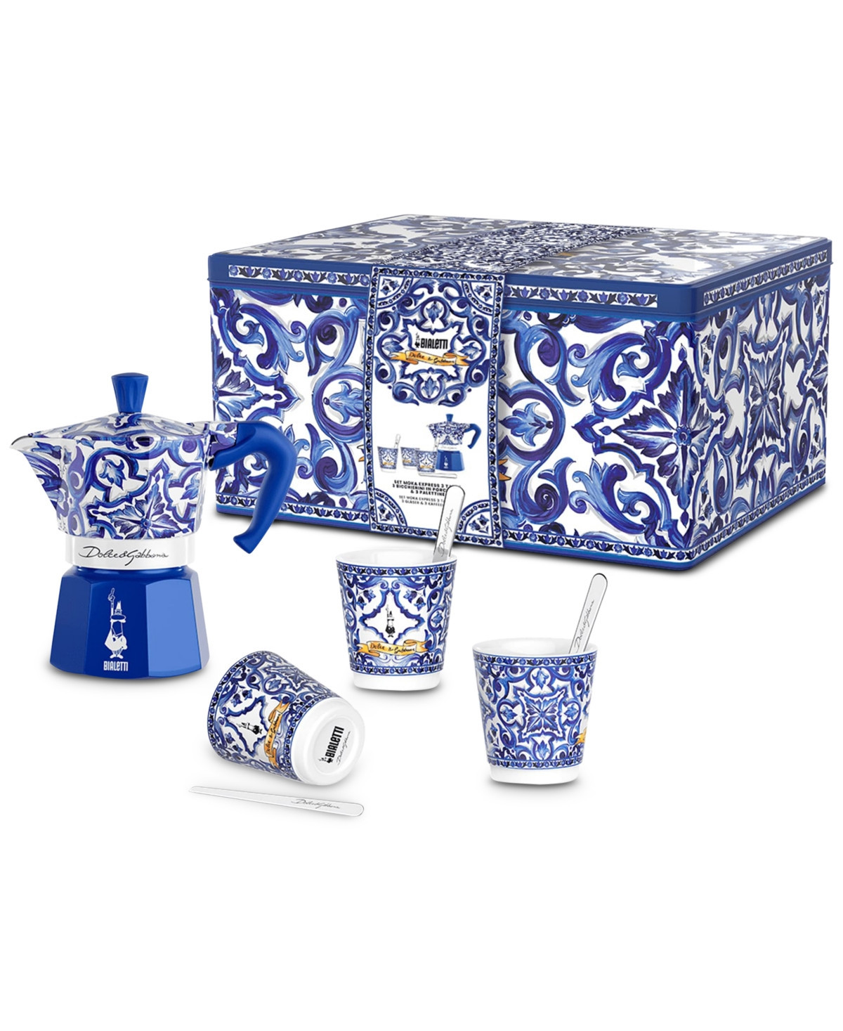 Bialetti Dolce & Gabanna Moka Set with 3 Cups and Silver-Tone Stirrers - Open Blue | Macy's