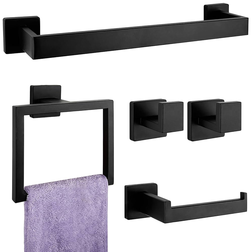 5-Pieces Matte Black Bathroom Hardware Accessories Set, SUS304 Stainless Steel Bath Towel Bar Set... | Amazon (US)
