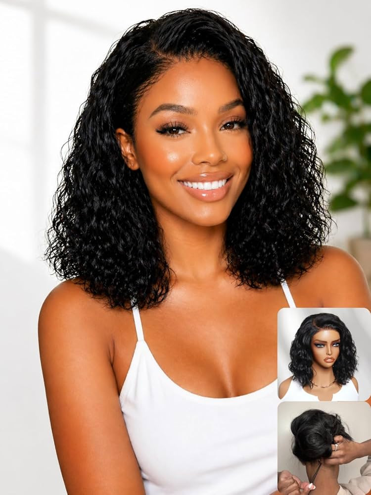 Nadula Short Water Wave Bob Drawstring Wig Human Hair 220% Density Side Part, Glueless Pre Cut By... | Amazon (US)