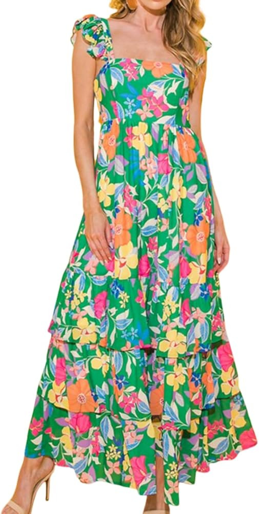 OCSTRADE Women's Green Floral Print Sleeveless Ruffle Tiered Maxi Dress Casual 2024 Fall Outfits | Amazon (US)
