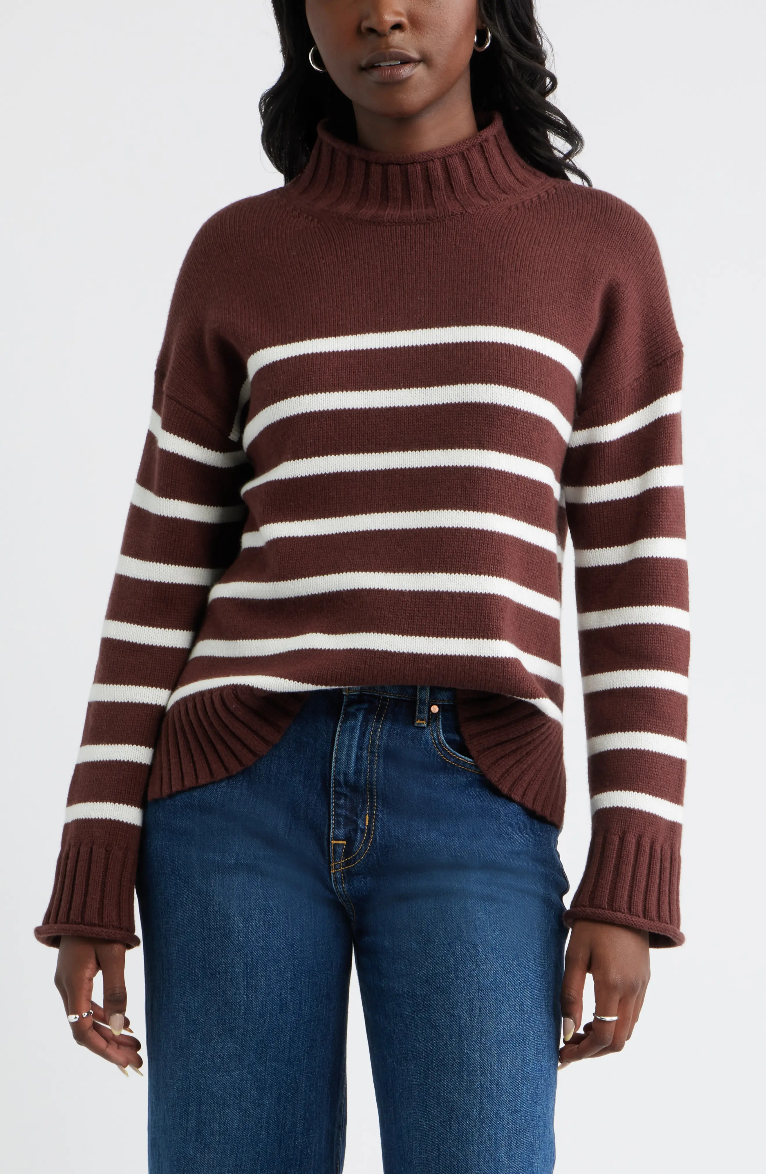 caslon(r) Roll Neck Striped Sweater in Pink Vibrant at Nordstrom, Size Small | Nordstrom