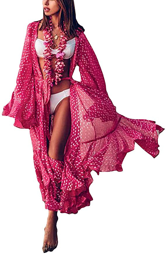 Bsubseach Women Chiffon Dot Print Beach Kimono Cardigan Long Bathing Suit Cover Up | Amazon (US)