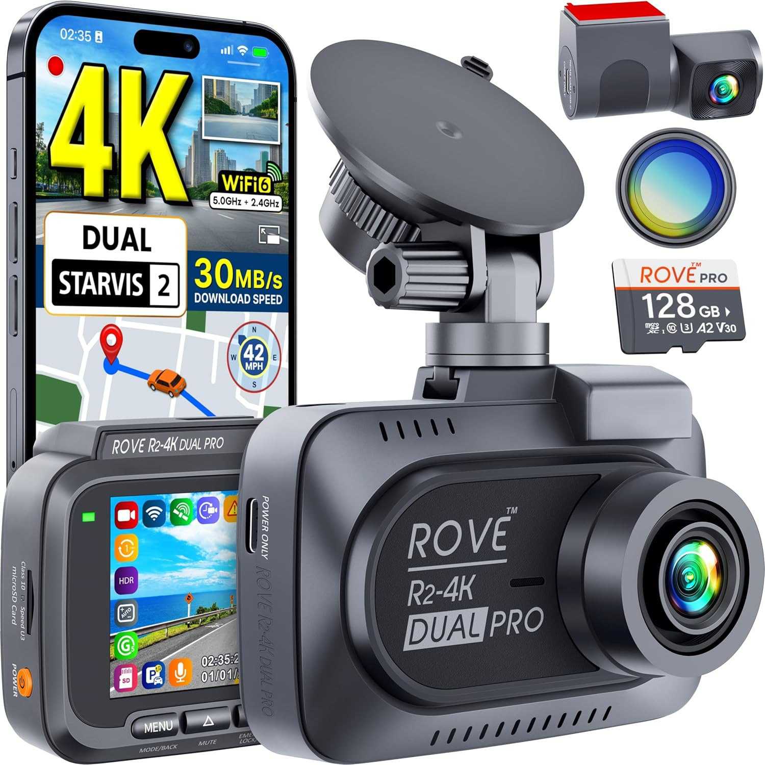 ROVE R2-4K Dual PRO Dash Cam Front and Rear, True 4K+2K Dash Camera for Cars, STARVIS 2 IMX678 + IMX675 Sensors, Free 128GB Card + CPL, WiFi 6 - up to 30MB/s Download Speed, 3" IPS, 24Hr Parking Mode | Amazon (US)