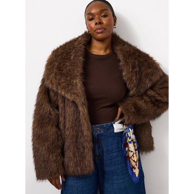 Brown Collared Relaxed Short Faux Fur Jacket M | Tu Clothing