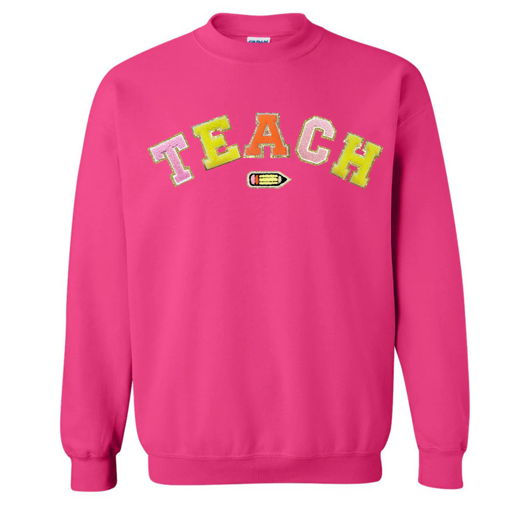 Teach Pencil Letter Patch Crewneck Sweatshirt | United Monograms