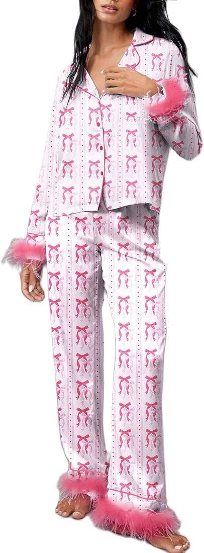 Women Feather Trim Holiday Pajamas Cute Bow Heart Satin Pjs Silk Long Sleeve Button Pajama Shirt ... | Amazon (US)