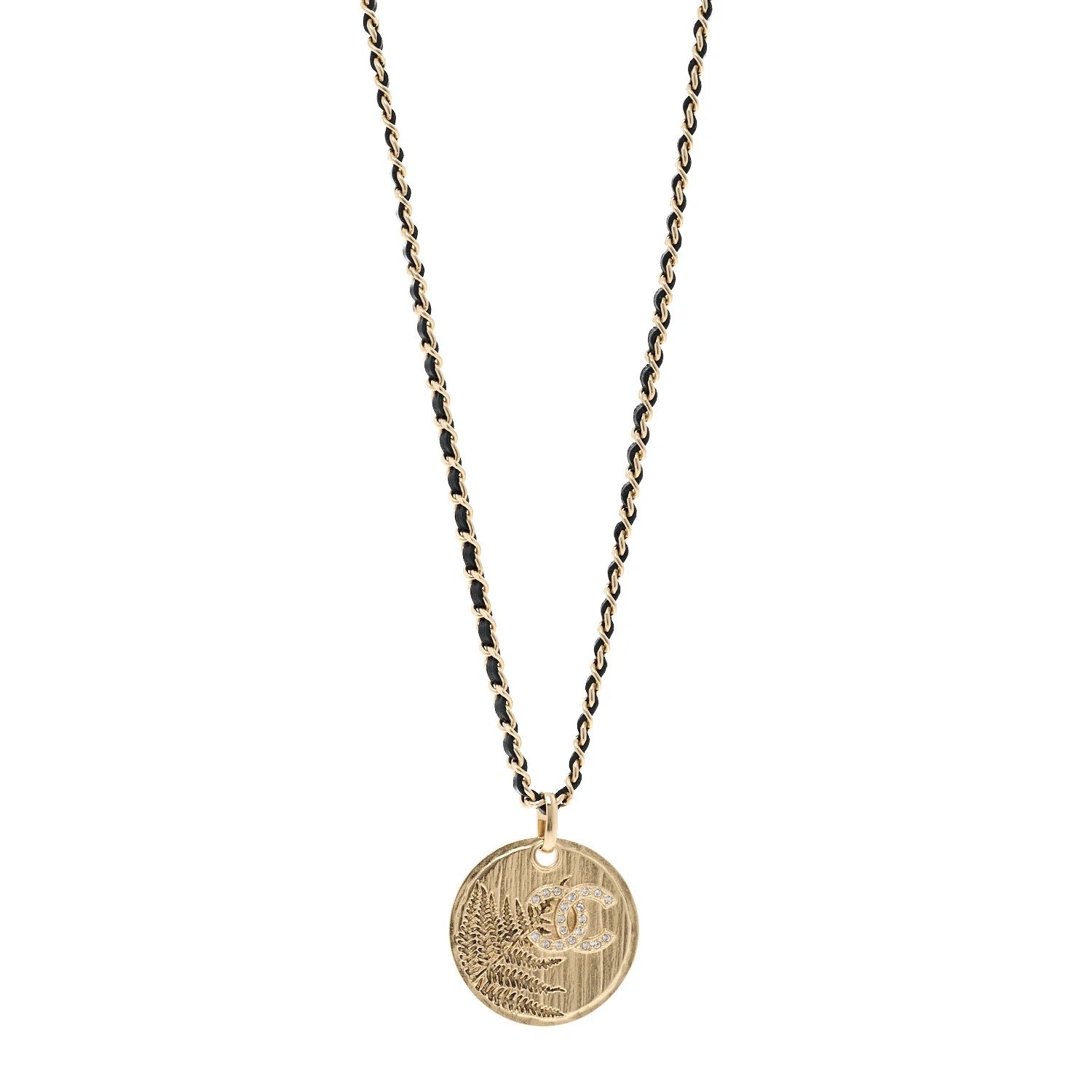 Lambskin Crystal CC Round Pendant Chain Necklace Gold Black | FASHIONPHILE (US)