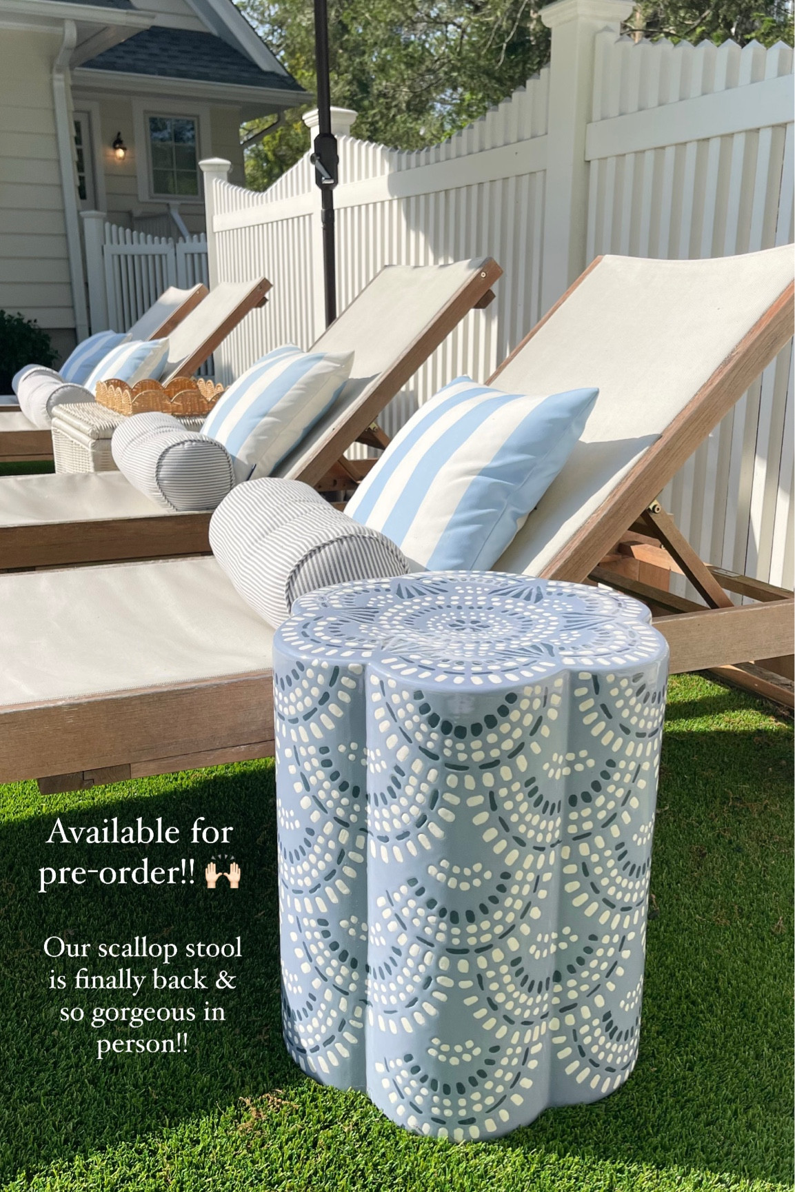 Yay!! Our gorgeous blue & white scalloped outdoor garden stool is back online and available for pre order!! Always sells out fast so snag now while it’s still available!! 🙌🏻 Highly recommend, it’s so pretty in person! 🤍☀️

#LTKHome
