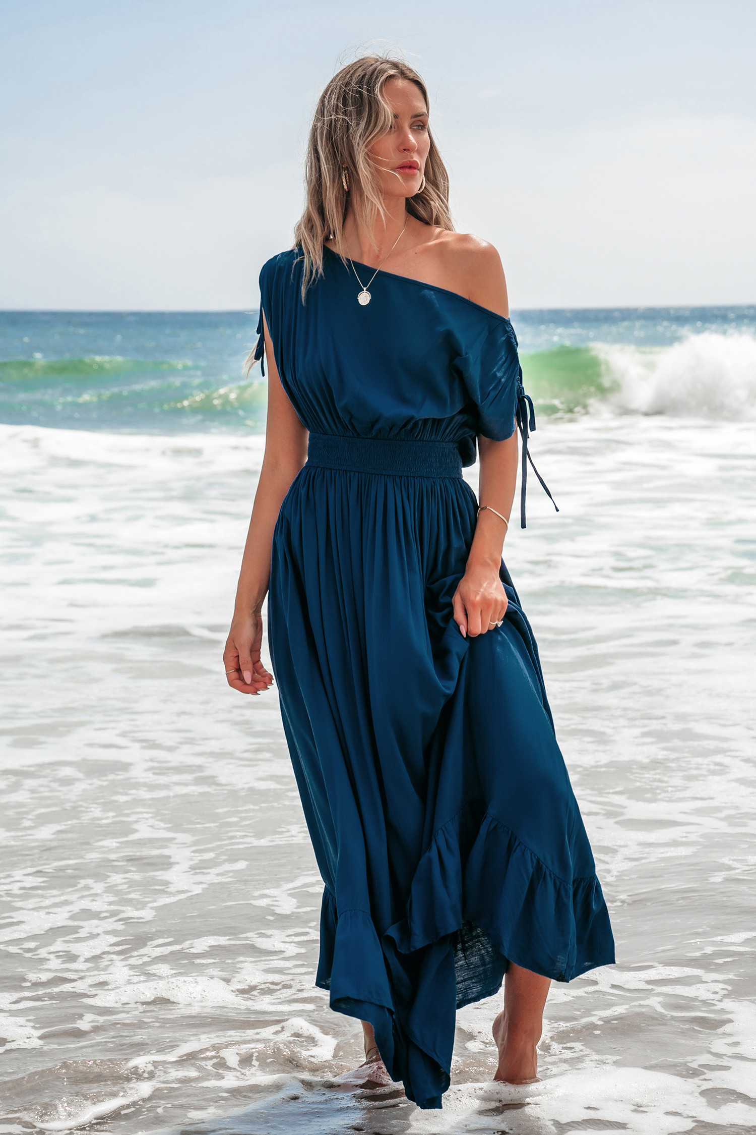Blue Off-Shoulder Flounce Hem Midi Dress | Cupshe US