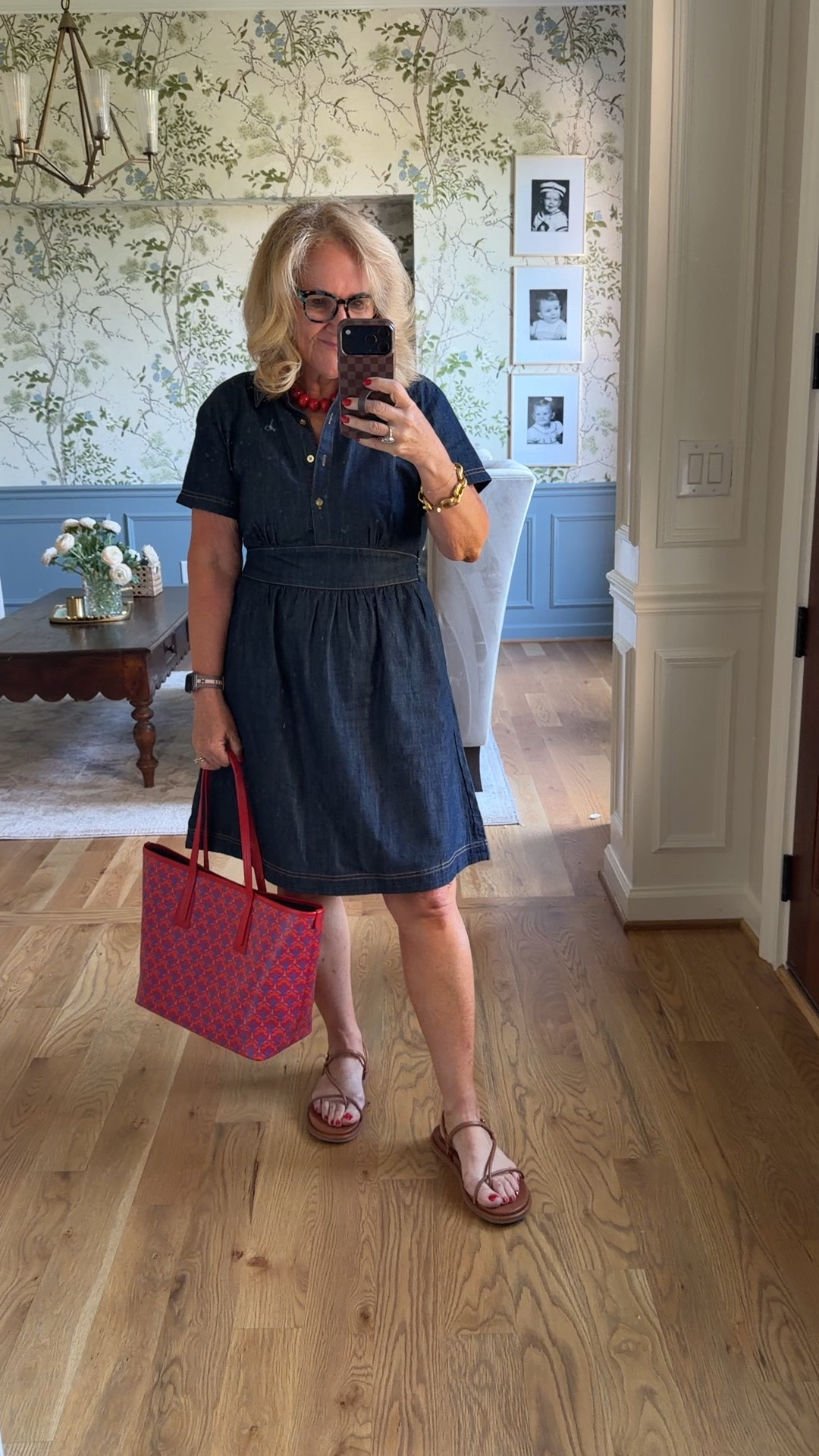 Talbots denim dress size 8 petite it’s definitely not a Shorty short dress which is really nice for a lot of us 

My tote is designer liberty of London. I did find a quince red tote in leather that’s beautiful. That would make a really great bag. Also ￼

#LTKSaleAlert #LTKOver40 #LTKootd
