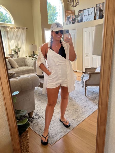 Midsize boat outfit. Wearing a size XL in Ziggy overalls. Runs a bit baggy. Stick TTS (I could do a large). Platform flip flops are from Gap $16.95 w/ 20% off at checkout. 

#LTKunder100 #LTKswim #LTKunder50