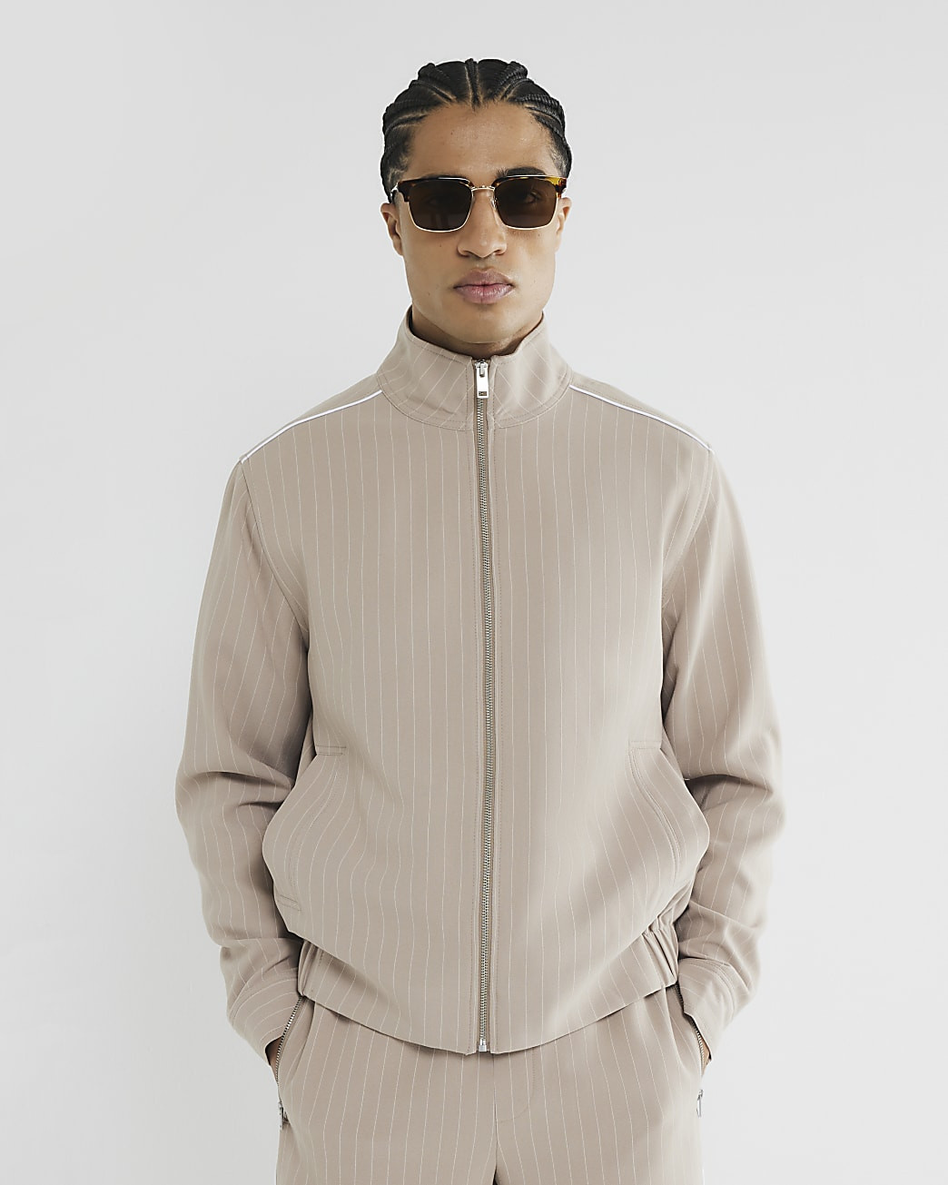 Beige Slim Fit Striped Funnel Jacket | River Island UK & IE