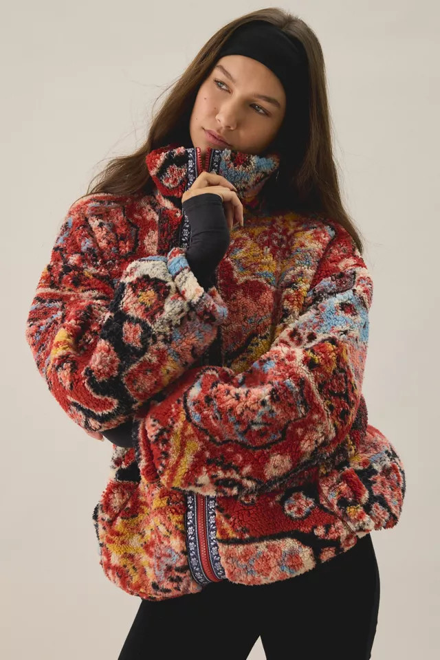 BDG Mae Printed Piled Fleece Zip-Up Jacket in Red, Women's at Urban Outfitters | Urban Outfitters (US and RoW)