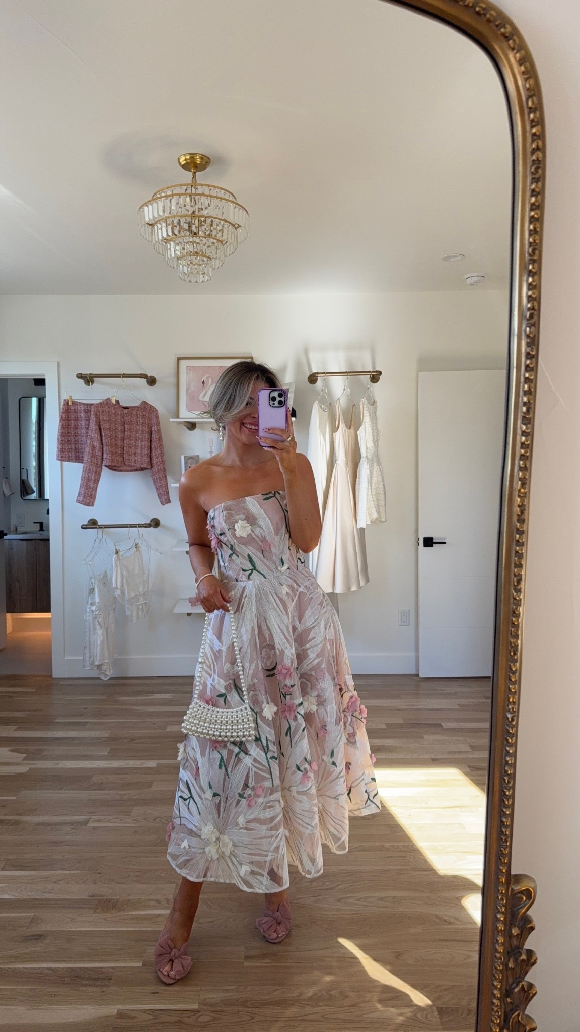 White strapless floral spring wedding guest dress formal event dress spring baby shower dress. 

Wearing my usual small  

#LTKSeasonal #LTKParties #LTKWedding