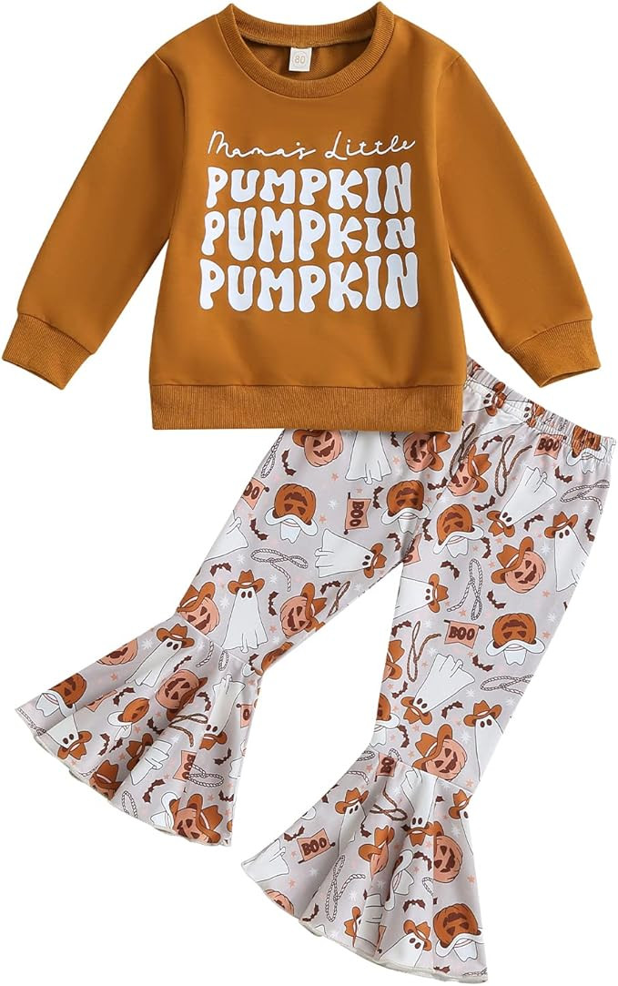 Baby Girl Halloween Outfit Long Sleeve Crew Neck Letter Pumpkin Sweatshirt Bell Bottom Pants Fall... | Amazon (US)
