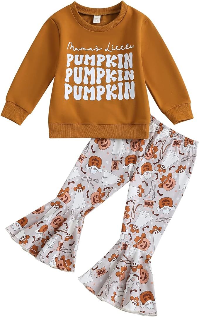 Baby Girl Halloween Outfit Long Sleeve Crew Neck Letter Pumpkin Sweatshirt Bell Bottom Pants Fall... | Amazon (US)