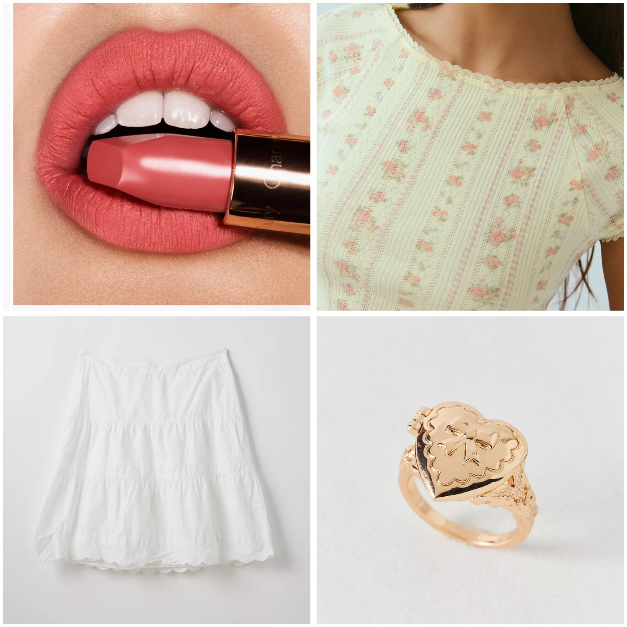 Spring Fashion. Another spring outfit option but a little more dressy. A cute boatneck tee with floral design and a  white skirt. The lipstick shade is Sexy Sienna and the Etched Heart Locket Ring has other options. 

#LTKStyleTip #LTKPetite #LTKFindsUnder100