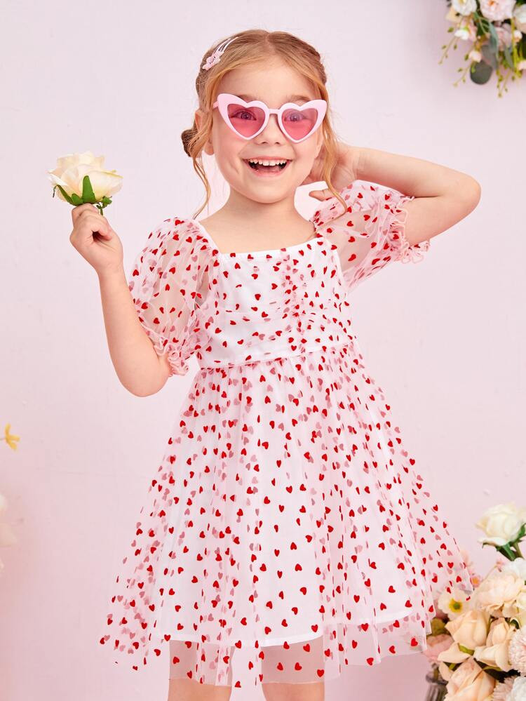 SHEIN Toddler Girls Allover Heart Puff Sleeve Mesh Dress | SHEIN