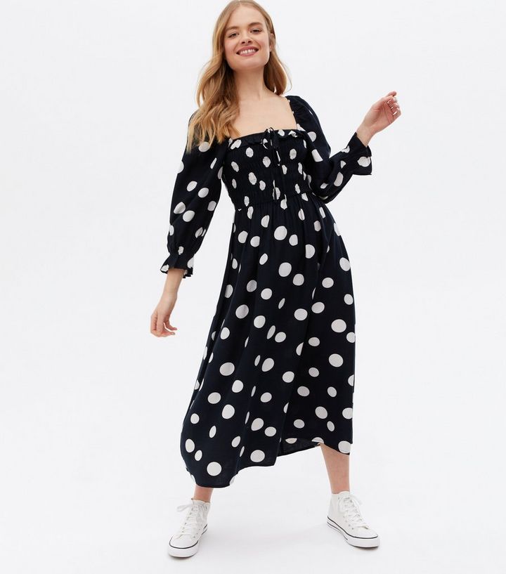 Black Spot Shirred Frill Square Neck Midi Dress
						
						Add to Saved Items
						Remove from... | New Look (UK)