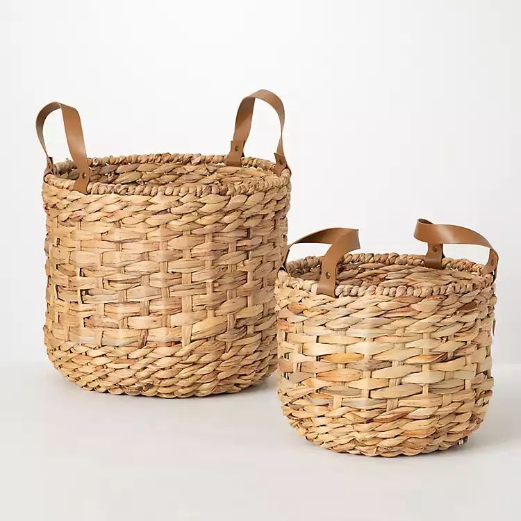 New! Woven Rattan and Faux Leather Baskets, Set of 2 | Kirkland's Home