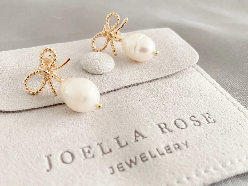 18K Gold Bow Pearl Earrings, Baroque Peral Earrings, Pearl Drop Earrings, Gift for Her - Etsy | Etsy (US)