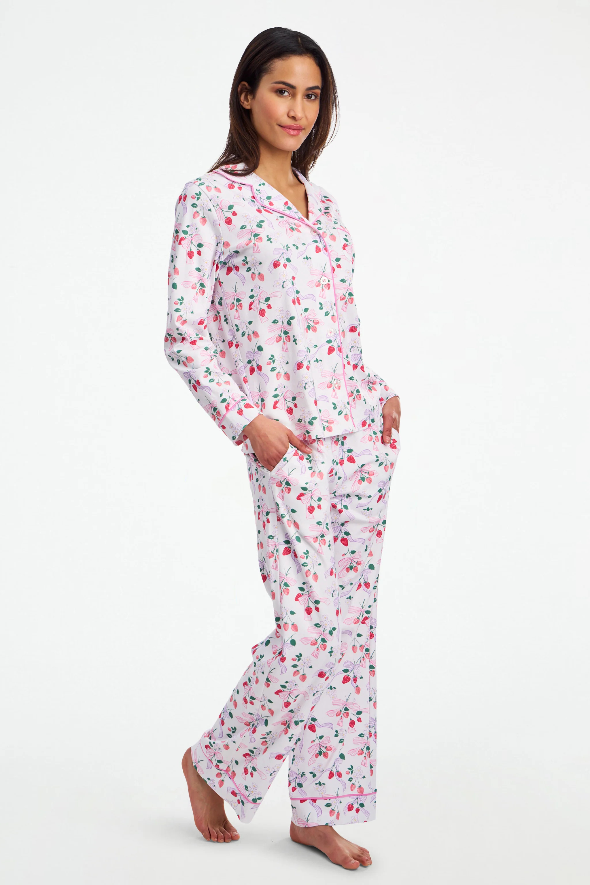 Strawberry Bows Long Sleeve Polo Pajamas | Roller Rabbit | Roller Rabbit