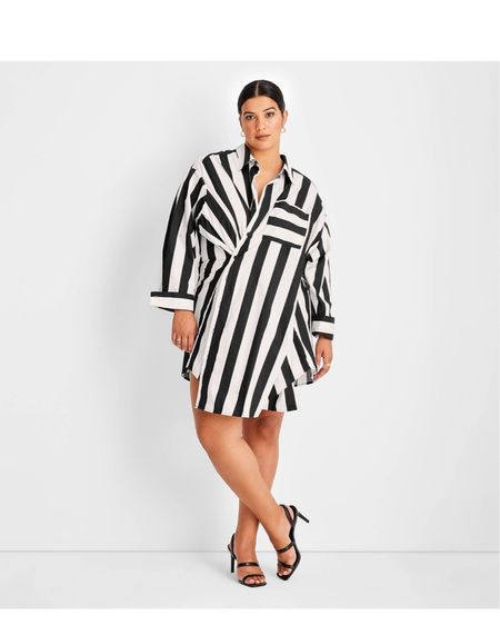 Striped asymmetrical long-sleeve shirtdress
Made from a cotton-cotton blend
Striped print with asymmetrical buttons
Midi length with collared neck

Women's pumps with 3.5in stiletto heel
Open design
Slip-on style 
Work with your dressy outfits and business attire
Back strap

#LTKcurves #LTKunder50 #LTKstyletip