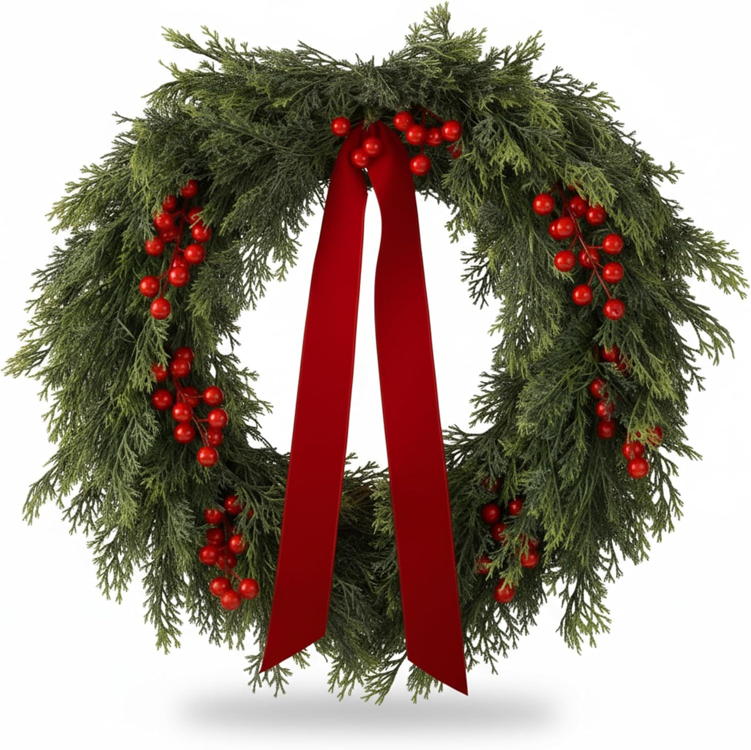 Suncalla 24'' Artificial Cedar Wreath for Front Door Christmas Wreaths Faux Cedar Decorated with Berry and Ribbons Xmas Wreath for Indoor Window Wall Fireplace Holiday Decor | Amazon (US)