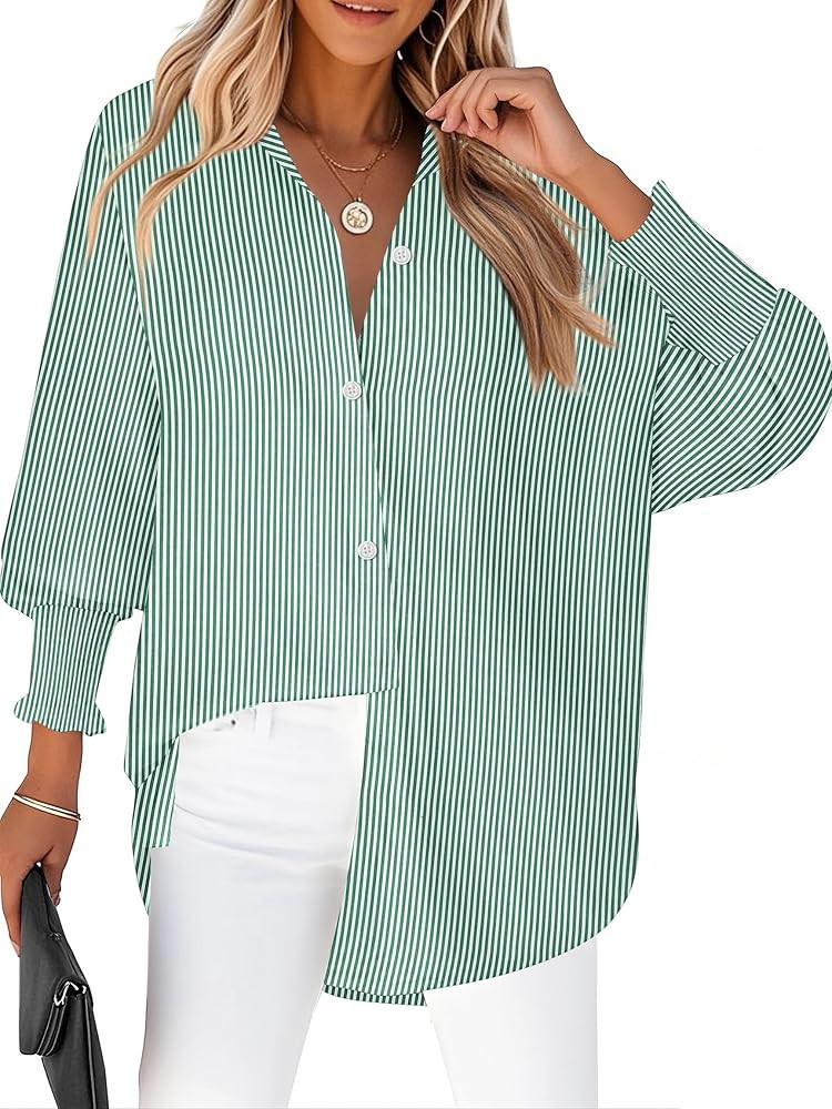 Zeagoo Women's Loose Fit Striped Lantern Long Sleeve Button Down Shirt | Amazon (US)